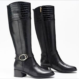 Marc Fisher Hailin Black Wide Calf Croc Embossed Leather Riding Boots